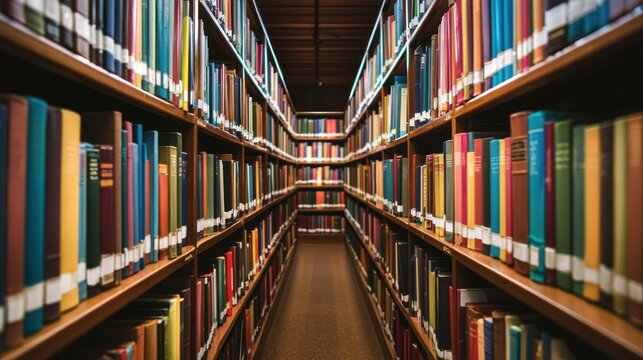 A long, narrow hallway with wooden shelves filled with books, one of which is open.