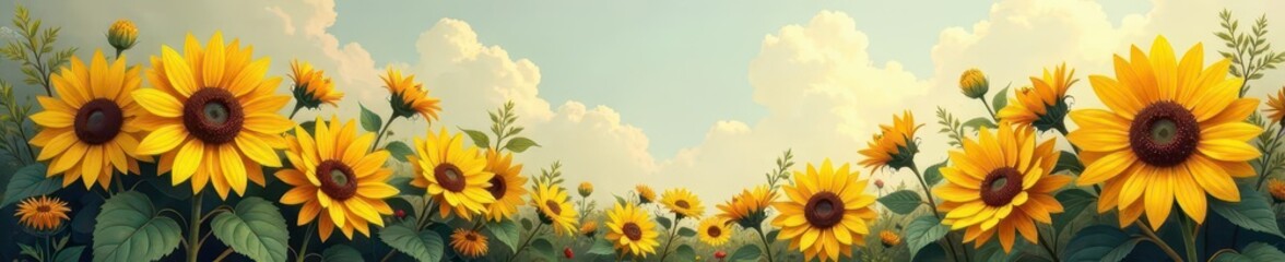 Cottagecore sunflower garden painting; vintage floral design  ,  pattern,  texture,  painting