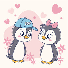 Fototapeta premium Charming Cartoon Penguins in Love Romantic Image with Cute Hearts and Blossoms in a Pastel Palette