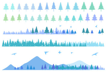 針葉樹と山のシルエットのイラストセット　アイコン　背景イラスト © gelatin