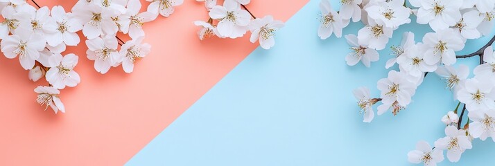 Delicate white blossoms on a pastel color split background.  Soft, airy blossoms arranged artfully on a backdrop of coral and light blue paper