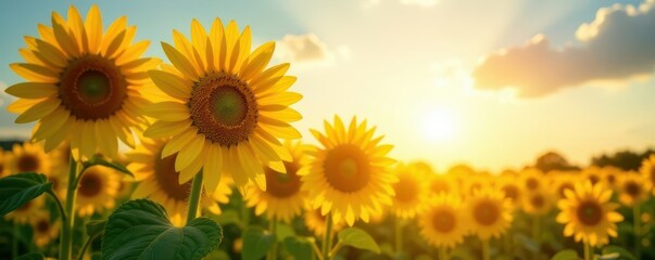 Obraz premium Tall sunflowers facing sun, deep yellow hues, green stalks, clear sky, bloom, rural, sky