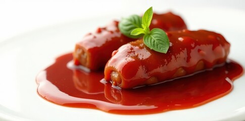 Thick, glossy barbecue sauce drizzled on white , delicious, sweet and savory