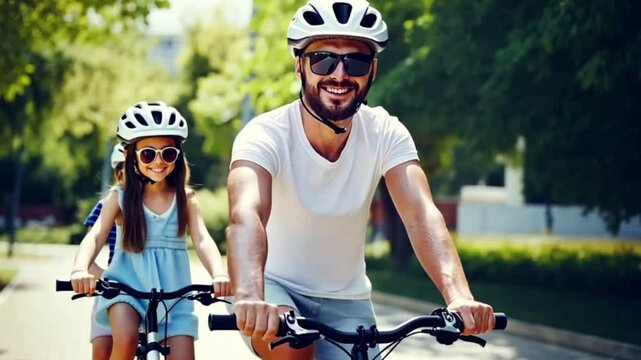 Happy father and kids cycling outdoors on a sunny day wearing helmet in a healthy lifestyle activity.  - Powered by Adobe