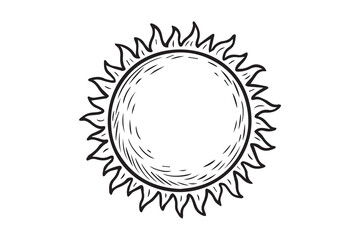 A radiant Sun rendered in black and white vector art, with strong black outlines emphasizing its round shape and powerful solar atmosphere.

