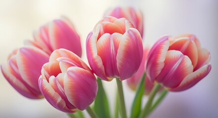 Fototapeta premium Close-up of several pink and white tulips in bloom, their petals softly lit against a blurred background.