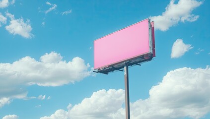 Pink billboard against a clear blue sky with puffy white clouds