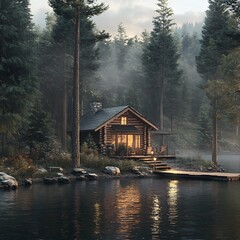 Fototapeta premium Cozy Lakeside Cabin Retreat: Wooden Dock Extends Over Calm Water Amid Tall Pine Trees in Serene Forest Setting
