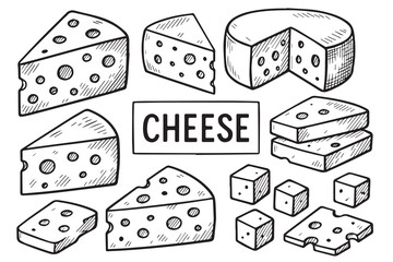 A collection of cheese slices rendered in black and white vector format, defined by strong black outlines for a clear, appetizing presentation.