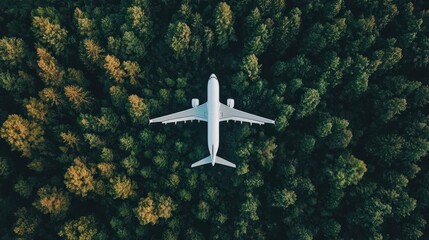 Fototapeta premium A white airplane flying over a dense forest. The aviation concept of travel and exploration.