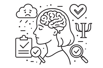Black and white vector of a woman holding her head gently, outlined in bold black lines, symbolizing mental health awareness and emotional care.

