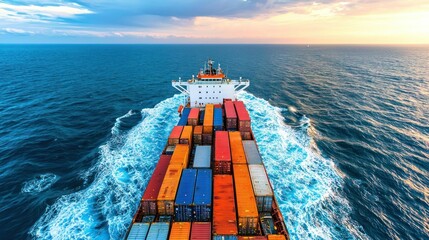 A large cargo ship sailing on the ocean with colorful containers.