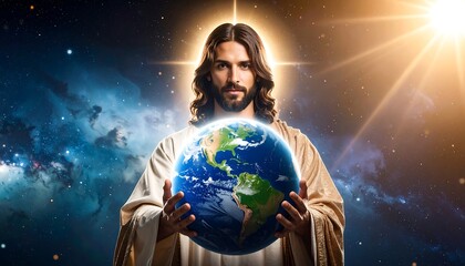 Jesus holding Earth, cosmic background