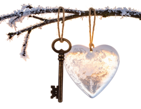 Angled Side View of Frozen Heart and Rustic Key Hanging from Snowy Branch at Dawn, Isolated PNG