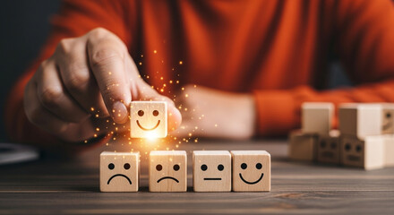 Service feedback and satisfaction rating idea. The customer chooses a smiling face icon on a wooden cube to express a positive experience.