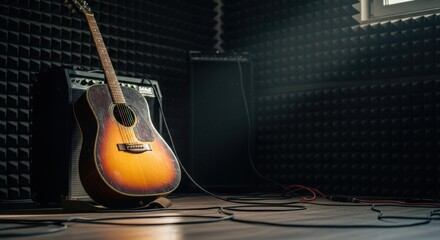 Naklejka premium An acoustic guitar leaning against an amplifier in a music studio, with scattered cables and soundproof foam walls