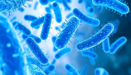 Vibrant blue bacteria colony in microscopic view, a detailed 3D rendering of rod-shaped microbes. Scientific concept for biology, medicine, and research with a shallow depth of field background.