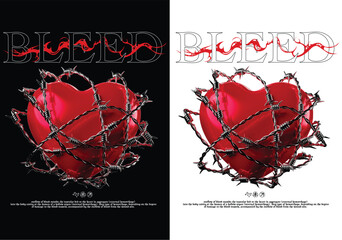 Bleeding Heart: A symbolic representation of emotional pain and turmoil, featuring a vibrant red heart intertwined with barbed wire, accompanied by the bold word "BLEED".
