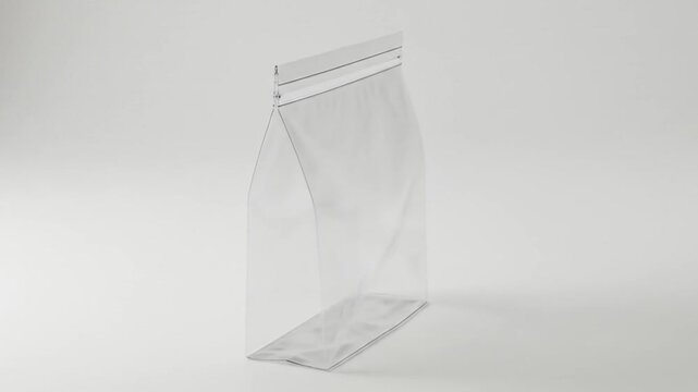 A clear plastic stand up pouch with a ziplock closure on a white background in a studio setting