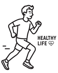 Vector cartoon of a man running for fitness, designed in black and white with bold black outlines, symbolizing a healthy and active lifestyle.

