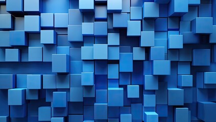 Abstract close-up view of a dense, textured wall composed of many  stacked,  overlapping,  blue cubes
