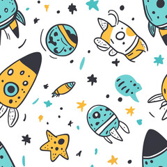 Obraz premium A playful, kids hand-drawn seamless pattern features cartoon rockets, planets, stars, and abstract space elements in black, orange, and blue on a white background.