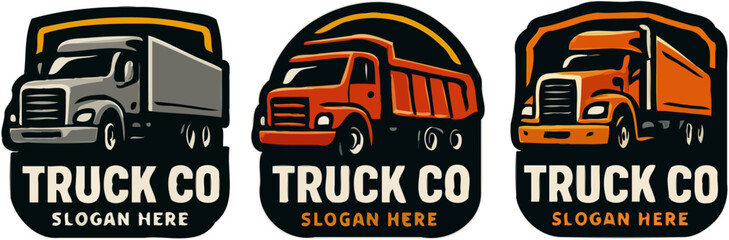 Three stylized truck logos for a trucking company, featuring a semi-truck, a dump truck, and a box truck, each with a unique color scheme.