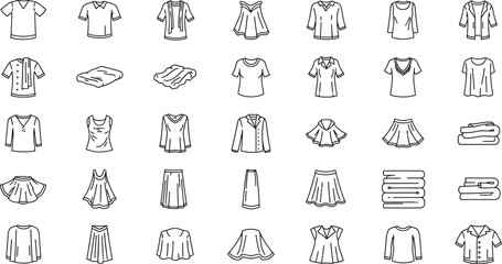 Vector art of a diverse collection of clothing icons, including shirts, dresses, skirts, and jackets, all meticulously designed in a minimalist line art style