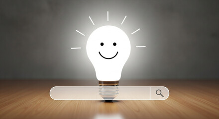 Searching for innovative ideas shown through a lightbulb with a smiley face and a digital search bar.