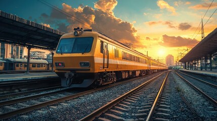 Fototapeta premium A yellow train traveling on tracks at sunset with a city skyline in the background.