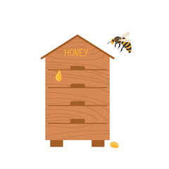 Bees gather around a wooden honey hive in a bright and cheerful setting