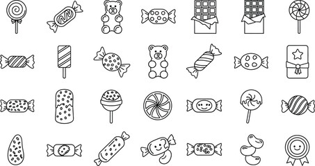 Vector art of a delightful collection of candy and chocolate icons, perfect for sweet treats and confectionery designs isolated on white background