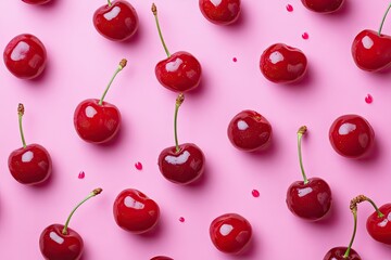 Fresh cherries arranged in a pattern on a pink background.  Small pink dots scattered throughout