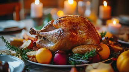 A roasted turkey on a festive table with candles and garnishes.
