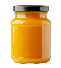 orange jam in glass jar with black lid on white background