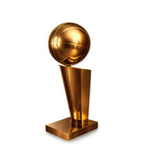 High-quality 3D render of the NBA championship trophy with iconic gold finish and basketball design, isolated on transparent background for sports visuals and basketball-themed graphics
