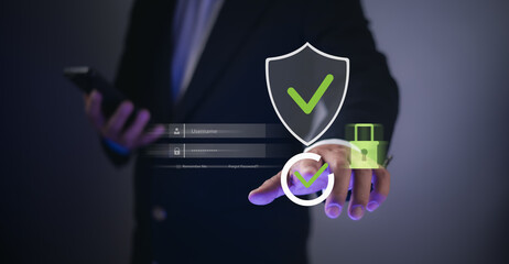 Businessman using virtual interface with security shield, lock, and check icons, ensuring data...
