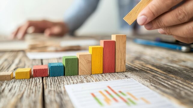 A hand holding a wooden block with a graph on a wooden table.