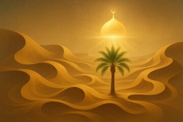Islamic desert, lone palm tree in golden sand dunes under mosque dome light, symbolizing Ramadan spirituality.

