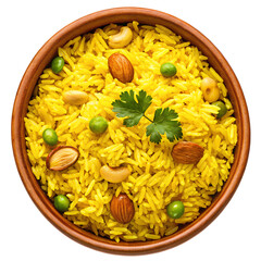 Fragrant Kashmiri Pulao with Nuts and Green Peas in a Rustic Bowl, isolated on transparent background