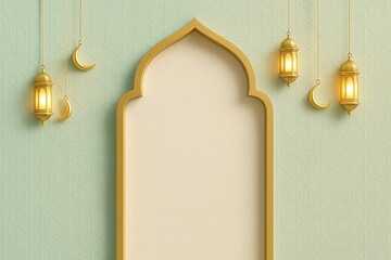 Ramadan background with Arabic arch, crescent moon, and lanterns, elegant Islamic design for Eid al-Fitr, Eid al-Adha, or Ramadan Kareem greeting card.

