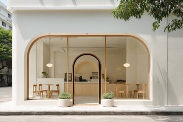 Minimalist cafe storefront with arched windows