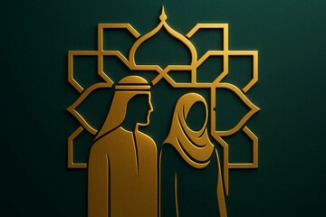 Islamic couple, arab man and woman in gold silhouette on green background, perfect for Eid, Ramadan, or Islamic celebration visuals.

