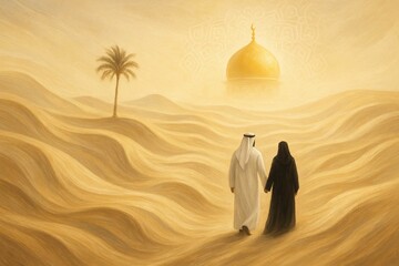 Desert, couple, mosque. Romantic Middle Eastern couple walking hand in hand through golden desert dunes toward a glowing mosque at sunset. Perfect for Ramadan and cultural themes.

