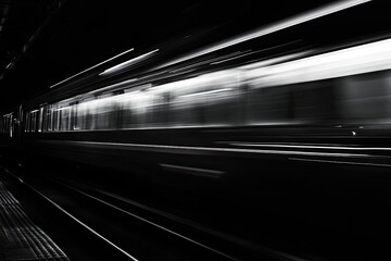 Naklejka premium A grayscale shot of a speeding train. Motion blur creates streaks of light