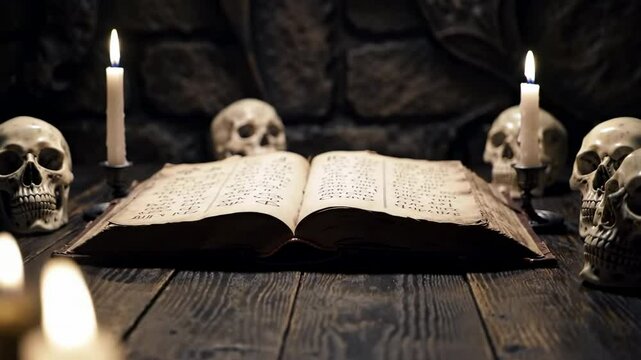 Ancient book of spells surrounded by skulls and candles