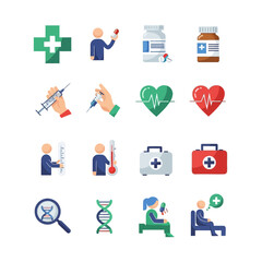 Collection of medical icons featuring pills, injections, a heart, a first aid kit, and other healthcare related symbols.