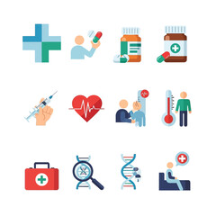 Collection of medical icons representing healthcare, treatment, and well-being.
