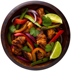 Top view of chicken fajitas on a dark earthenware dish isolated on a white transparent background