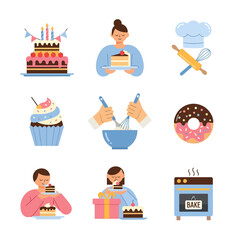 A delightful collection of baking-themed illustrations, showcasing cake, cupcakes, donuts, and the baking process.
